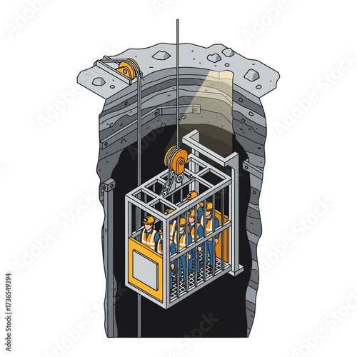 Mine Shaft Elevator with Miners Illustration.