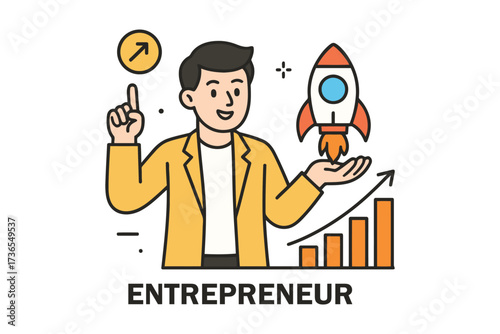 Young entrepreneur with a rocket ship and growth chart symbolizing business success