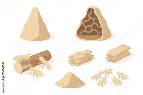 Termite Mound Isometric Illustration. Isometric vector illustration set termite mound wood decompose: earthen termite hill,