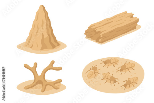 Termite Mound Illustration. Isometric vector illustration set termite mound wood decompose: tall earthen mound structure, worker