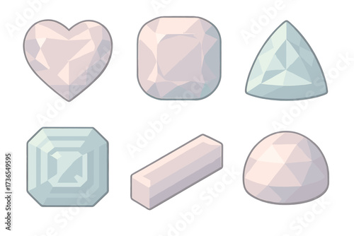 Gemstone Shapes Collection. Isometric vector illustration set Gemstone shapes extended: heart-cut faceted gem, antique cushion