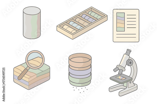 Core Sampling Tools. Isometric vector illustration set Core sampling & analysis: drill core cylinder, stratified sample box, hand