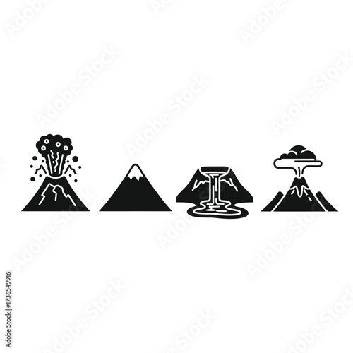A set of four black and white icons illustrating various stages of volcanic activity, from dormant to explosive eruption and lava flow.