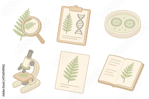 Fern Scientific Study. Isometric vector illustration set Fern scientific study: fern leaf under magnifier, fern DNA research chart
