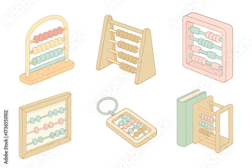Abacus Design Collection. Isometric vector illustration set Decorative abacus designs: colorful children’s abacus, minimalist