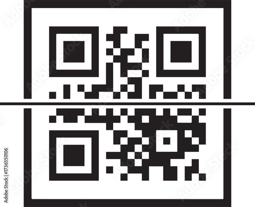 Black and white qr code with a horizontal line across the center for scanning
