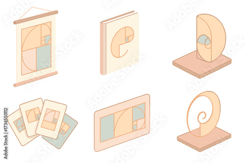 Fibonacci Learning Materials. Isometric vector illustration set Fibonacci learning materials: classroom spiral poster, Fibonacci