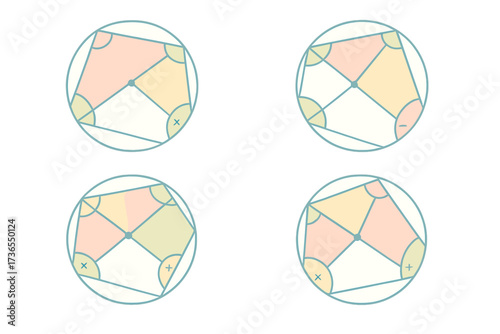 Cyclic Quadrilateral Diagram. Isometric vector illustration set Cyclic Quadrilateral Angle Theorem: circle outline with