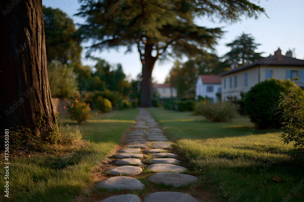 Fototapeta premium Mental wellness, minimalist, calm: Minimalist garden path exudes tranquility as it winds through lush greenery
