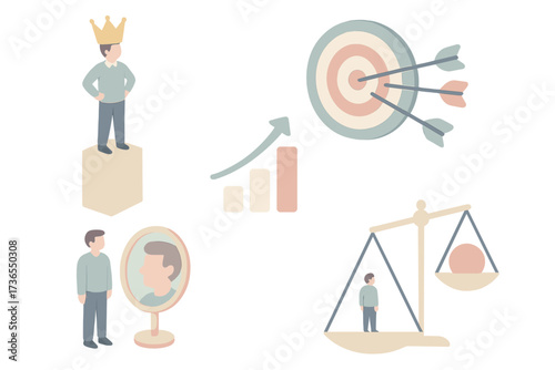 Overconfidence Bias Icons. Isometric vector illustration set Overconfidence Bias: person standing on tall podium, oversized crown