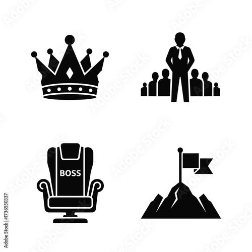 Set of black glyph icons representing leadership, success, authority, and achievement.