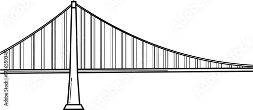 Suspension Bridge, Outline Illustration on White Background