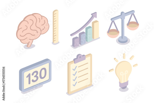 IQ Measurement Icons. Isometric vector illustration set Intelligence Quotient Measurement: brain with ruler scale, bar chart IQ
