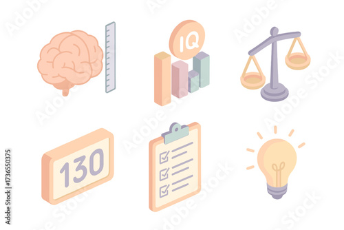 IQ Measurement Icons. Isometric vector illustration set Intelligence Quotient Measurement: brain with ruler scale, bar chart IQ