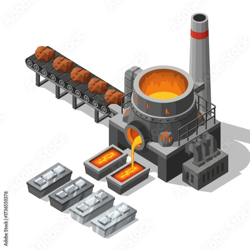 Isometric illustration of a metallurgical plant smelting process.