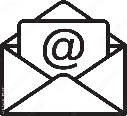 Simple outline icon of an open envelope with an at symbol on a letter