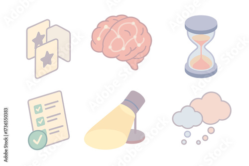 Memory Focus Icons. Isometric vector illustration set Memory and Concentration IQ: card matching game, brain with glowing pathways