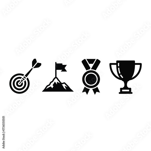 Set of black silhouette icons representing goals, achievement, success, and victory, including a target, mountain with flag, medal, and trophy.