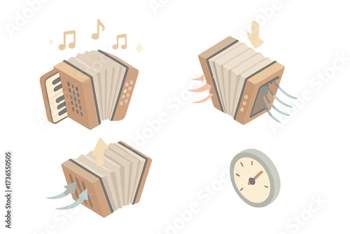 Accordion Bellows Dynamics. Isometric vector illustration set Bellows Squeeze Action: accordion mid-play, arrows showing push and