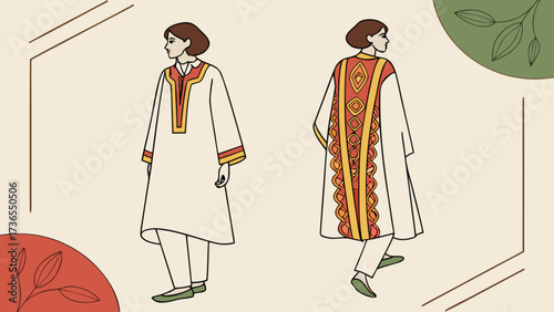 Illustration of a woman wearing a traditional pakistani dress, showcasing both the front and back designs, on a neutral backdrop with decorative elements