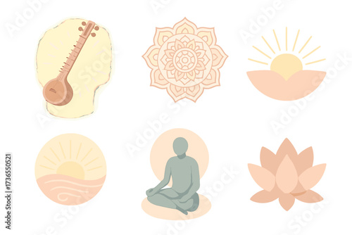 Spiritual Raga Symbolism. Isometric vector illustration set Spiritual Symbolism of Raga: sitar glowing aura, mandala pattern