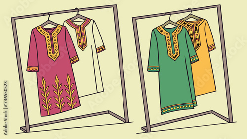 Illustration of traditional pakistani dresses hanging on racks, showcasing various colors and designs, against a light background