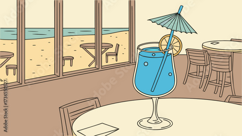 Illustration of a cocktail with an umbrella on a table in a beachside restaurant, showcasing a relaxing vacation scene