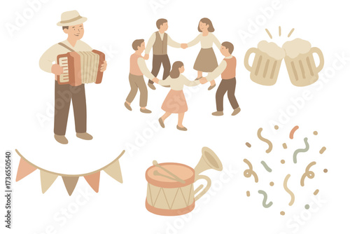 Festive Polka Celebration. Isometric vector illustration set Polka Celebration: accordion player smiling, dancers in circle