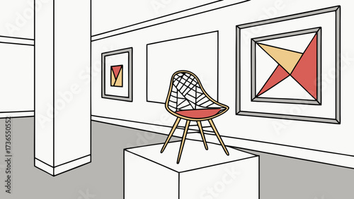 A modern art museum interior with a chair on a pedestal in front of abstract paintings, creating a minimalist and artistic atmosphere