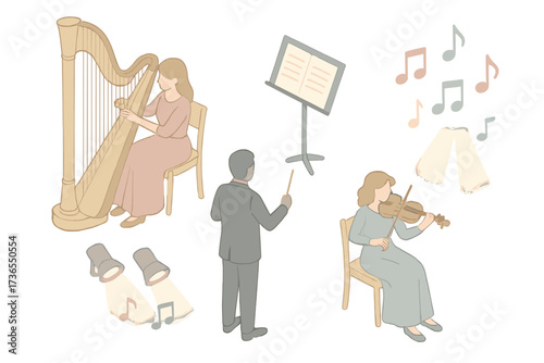 Orchestra Harp Performance. Isometric vector illustration set Orchestra Harp Performance: harpist seated with instrument, music