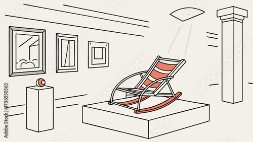 A cozy art gallery interior featuring a rocking chair on a pedestal under a spotlight, surrounded by framed artwork, creating a relaxing atmosphere
