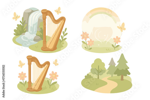Harp in Nature. Isometric vector illustration set Harp and Nature Calm: harp placed near waterfall, butterflies flying around,