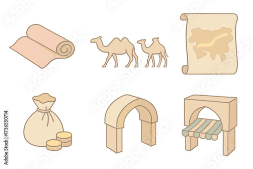 Silk Road Icons. Isometric vector illustration set Ancient Silk Road Symbolism: rolled silk fabric, camel caravan silhouette, map
