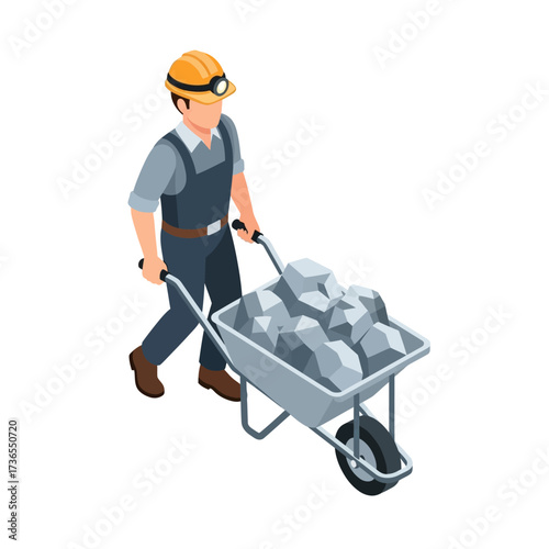 Miner pushing wheelbarrow full of rocks in a mine shaft.