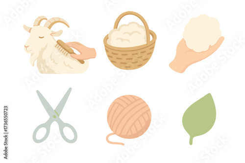 Cashmere Wool Icons. Isometric vector illustration set Cashmere Wool Collection: comb gently brushing goat, basket filled with