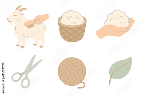 Cashmere Wool Icons. Isometric vector illustration set Cashmere Wool Collection: comb gently brushing goat, basket filled with
