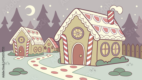 A whimsical village of gingerbread houses under a starry night sky, with a crescent moon and winding stone paths, evoking a sense of holiday magic
