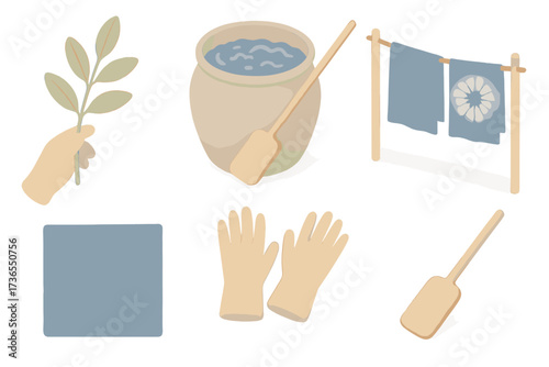 Indigo Dyeing Tools. Isometric vector illustration set Indigo dyeing process: indigo leaves, fermentation pot, wooden paddle, dyed