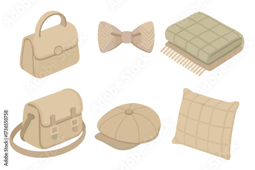 Tweed Accessories Showcase. Isometric vector illustration set Tweed accessories: wool handbag, bow tie, blanket throw, satchel,