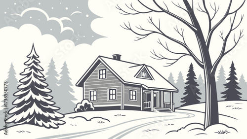 Winter wonderland a cozy cabin nestled in a snowy forest, surrounded by tall pine trees and a blanket of fresh snow, creating a serene and peaceful scene