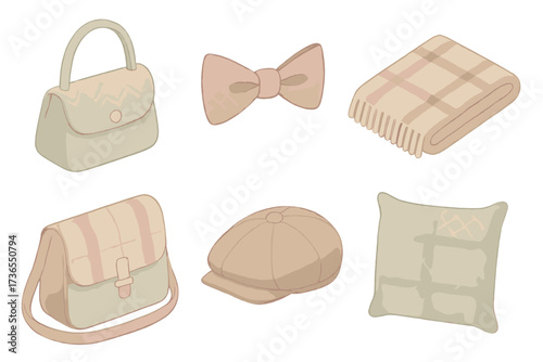 Tweed Accessories Showcase. Isometric vector illustration set Tweed accessories: wool handbag, bow tie, blanket throw, satchel,
