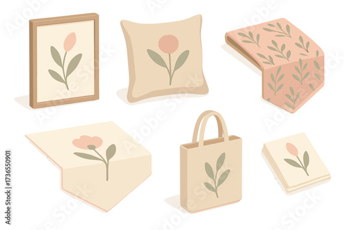 Pastel Home Decor Set. Isometric vector illustration set Home décor canvas: framed wall art, cotton throw pillow, printed fabric,