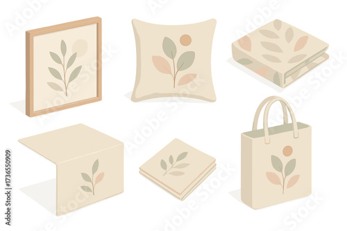 Pastel Home Decor Set. Isometric vector illustration set Home décor canvas: framed wall art, cotton throw pillow, printed fabric,