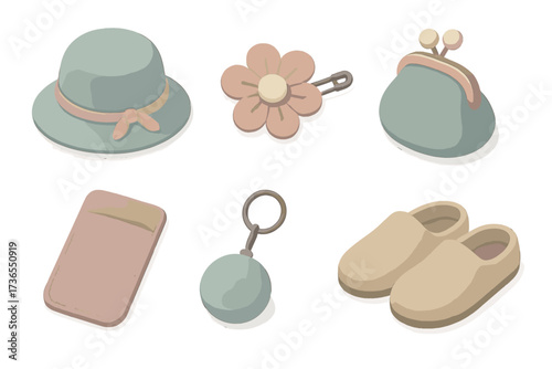 Pastel Wool Accessories. Isometric vector illustration set Wool felt accessories: felt hat, brooch pin, coin purse, phone sleeve,