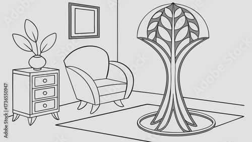 A serene living room scene featuring a stylish chair, a plant on a side table, and a unique floor lamp, creating a relaxing and inviting atmosphere