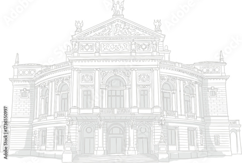 Opera House Illustration, Architectural Drawing on White Background