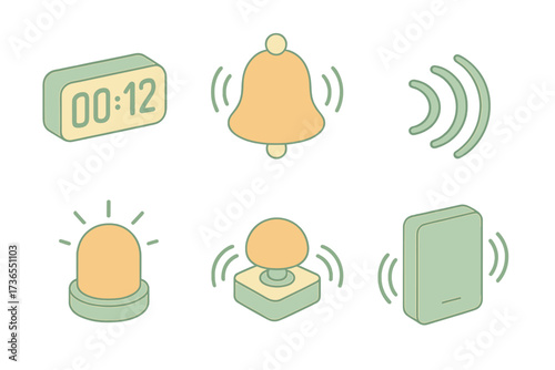 Alarm Concepts Icons. Isometric vector illustration set Alarm concepts: countdown timer, ringing bell, sound waves, flashing light