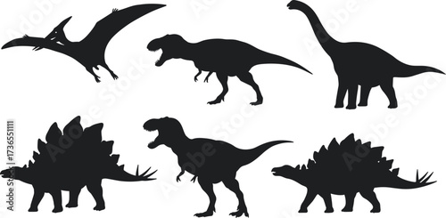 Dinosaur silhouettes vector illustration featuring Tyrannosaurus rex, Stegosaurus, Brachiosaurus, Pteranodon, and prehistoric creatures in black isolated wildlife design