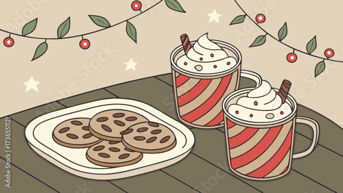 Warm cocoa and cookies under festive lights evoke a cozy christmas atmosphere in a delightful, handdrawn illustration, perfect for holiday cheer