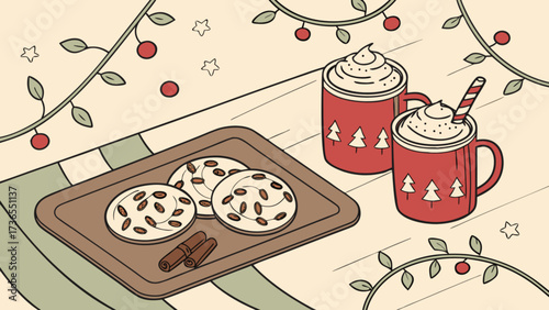 Cozy christmas scene with cookies, hot chocolate, and festive decorations creating a warm and inviting atmosphere for the holiday season